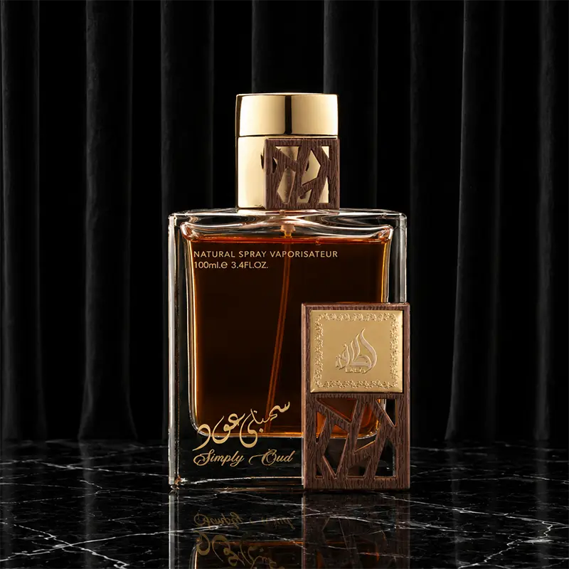 Lattafa Simply Oud perfume bottle in front view on black marble studio surface