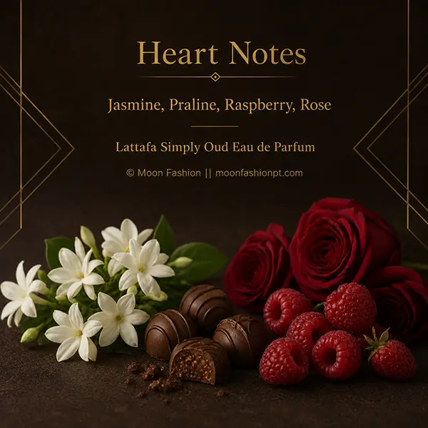 Jasmine, praline, raspberry and rose heart notes for Lattafa Simply Oud