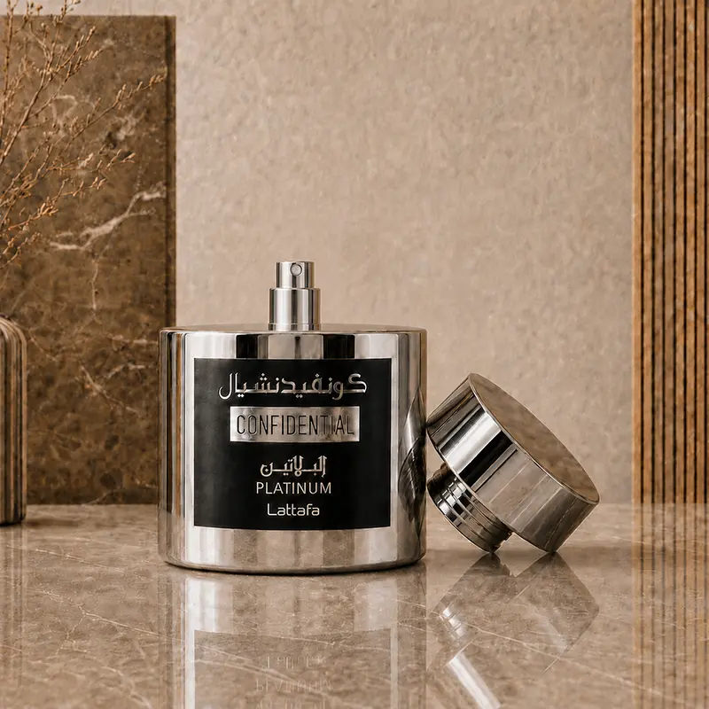 Confidential Platinum spray nozzle exposed, with the silver cap resting beside the bottle