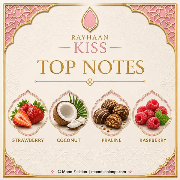 Rayhaan Kiss top notes graphic showing strawberry, coconut, praline and raspberry.