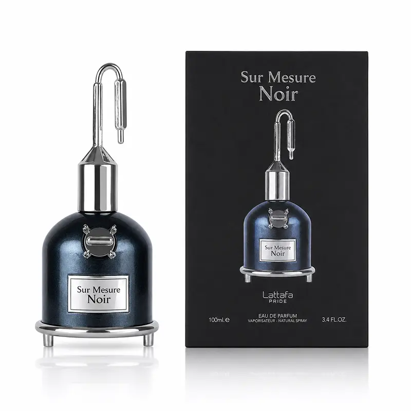 Lattafa Sur Mesure Noir bottle and black 100 ml Eau de Parfum box on a white background.