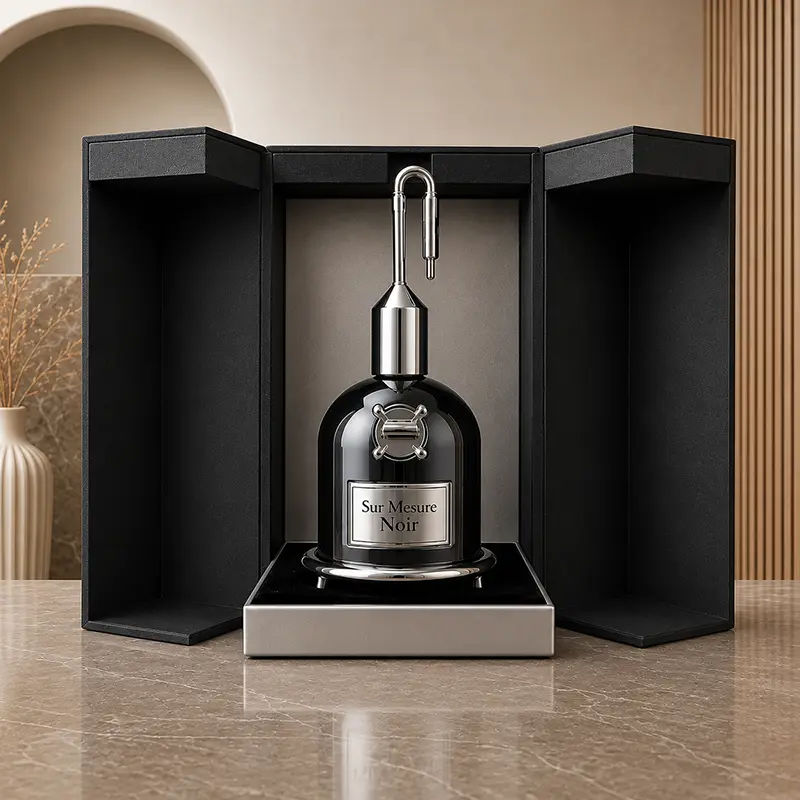 Open black presentation case holding the Sur Mesure Noir bottle on a marble surface.