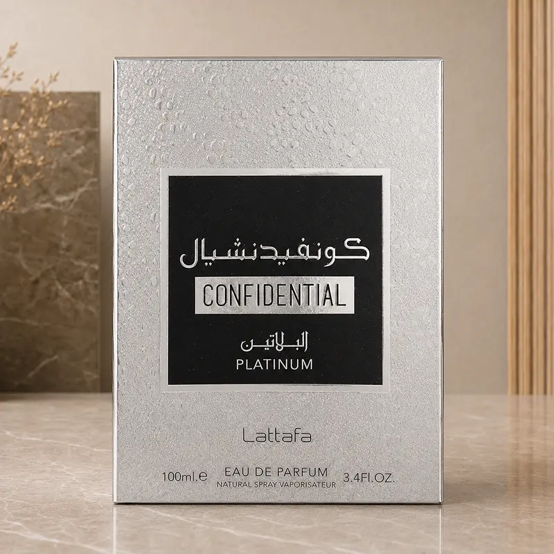Textured silver Confidential Platinum box showing Eau de Parfum, 100ml and 3.4 fl oz