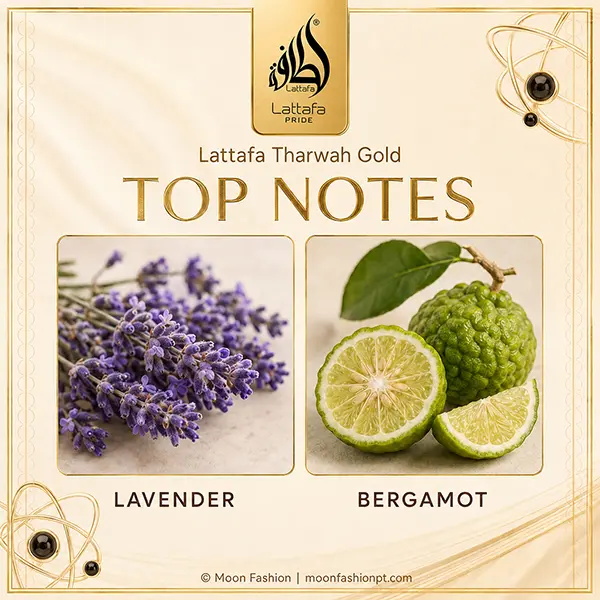 Tharwah Gold top notes graphic showing lavender and bergamot.