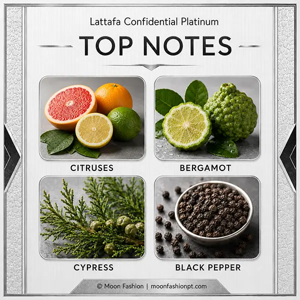Top notes graphic showing citruses, bergamot, cypress and black pepper for Confidential Platinum