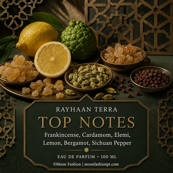 Rayhaan Terra top notes with lemon, bergamot, cardamom, resins and Sichuan pepper in a dark green setting.