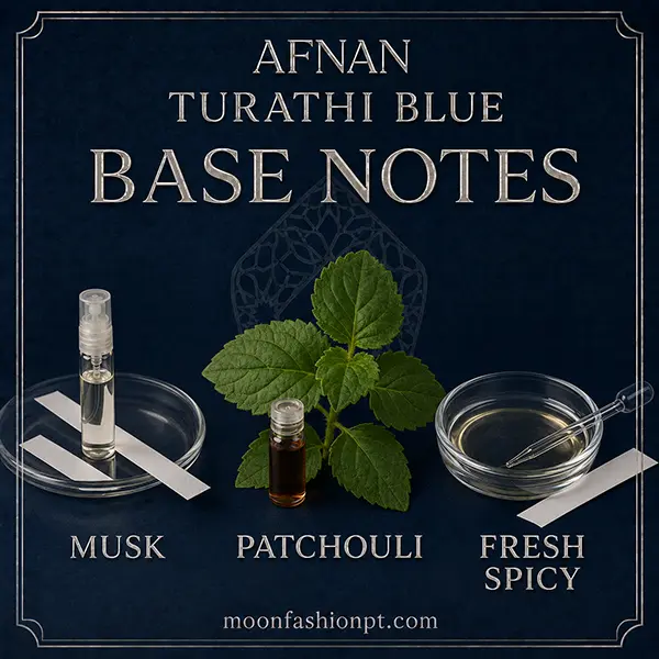 Musk, patchouli and fresh-spicy accord visuals presented in the Turathi Blue base-notes graphic.