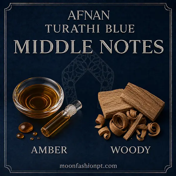 Amber and woody accord visuals in the Afnan Turathi Blue middle-notes graphic.
