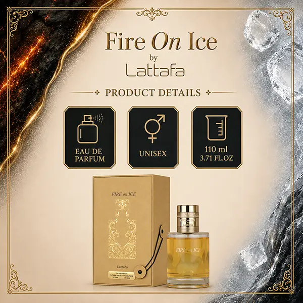 Fire On Ice product details graphic showing Eau de Parfum, unisex and 110 ml.