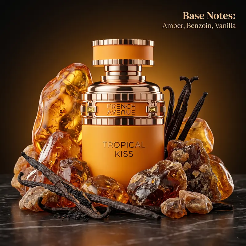 Sweet base notes of vanilla and benzoin in French Avenue Tropical Kiss for a lasting, sophisticated aroma.