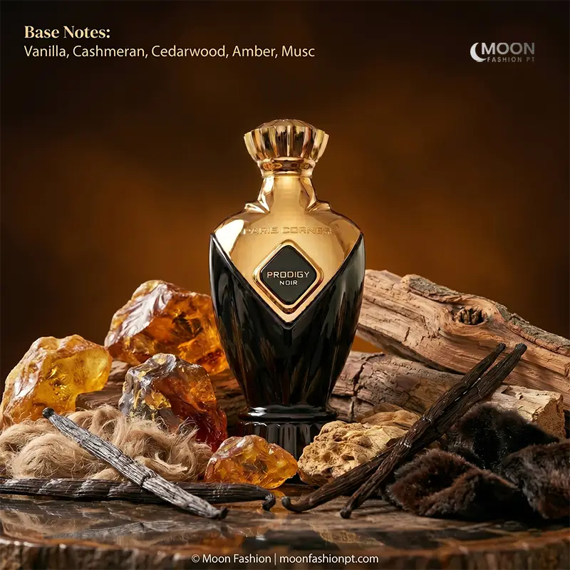 Paris Corner Prodigy Noir unisex perfume showcases a long-lasting base of warm amber, vanilla, and cedarwood.