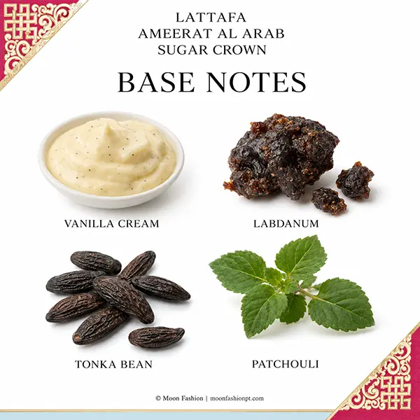 Vanilla cream, labdanum resin, tonka beans and patchouli leaves illustrate Sugar Crown's base notes.