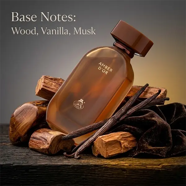 A warm trail of vanilla and musk base notes from French Avenue Amber d'or 100ml parfum.