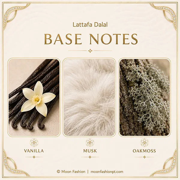 Base notes graphic showing vanilla, musk and oakmoss for Lattafa Dalal