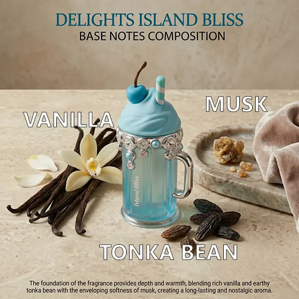 Base notes graphic of Armaf Island Bliss with vanilla, musk and tonka bean fragrance accords.
