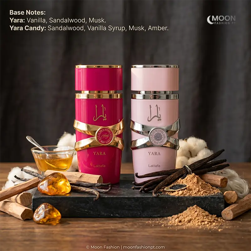 Warm base notes of vanilla syrup and sandalwood displayed alongside Lattafa Yara Anniversary perfumes for women.