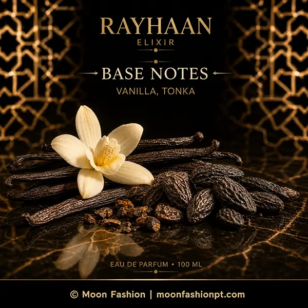 Vanilla pods and tonka beans presented as Rayhaan Elixir base notes on a black and gold setting.
