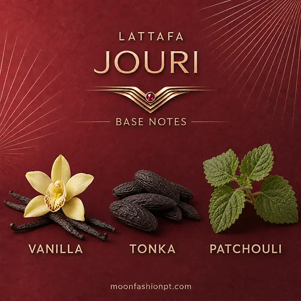 Vanilla pods and flower sit beside tonka beans and patchouli leaves in the Lattafa Jouri base-notes visual.