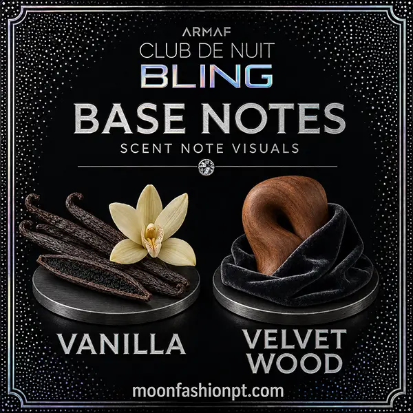 Vanilla and Velvet Wood base notes visual for Armaf Club de Nuit Bling against a black dotted graphic