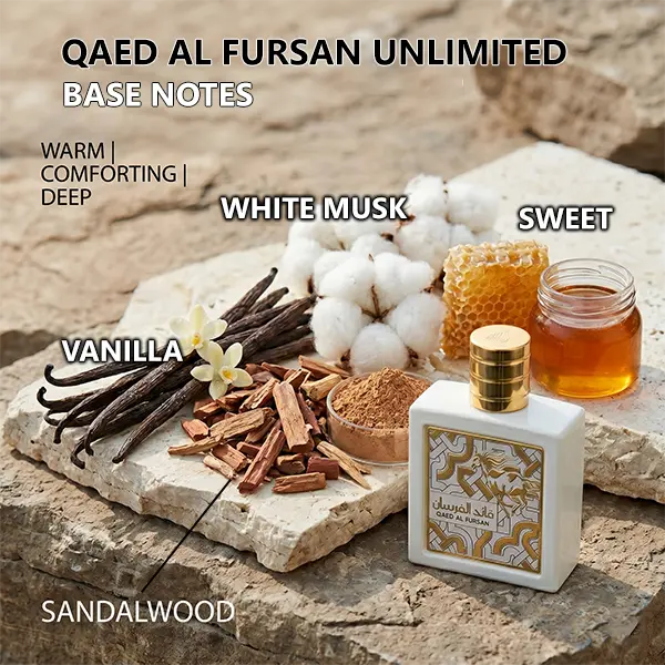 Base notes graphic of Qaed Al Fursan Unlimited with vanilla, white musk and sandalwood accords.