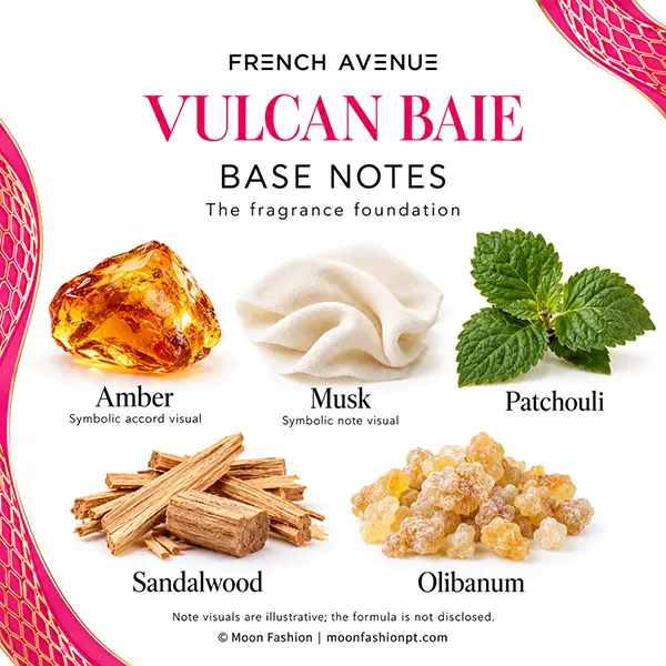 Vulcan Baie base notes: symbolic amber and musk, patchouli leaves, sandalwood and olibanum resin.