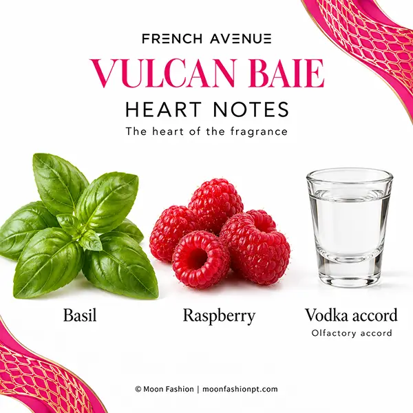 Heart notes of Vulcan Baie: basil, raspberry and a glass representing the vodka accord.