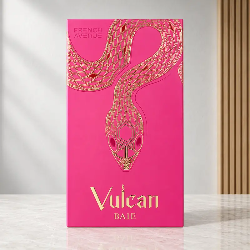 Vulcan Baie pink outer box viewed from the front, showing the gold-coloured snake design.