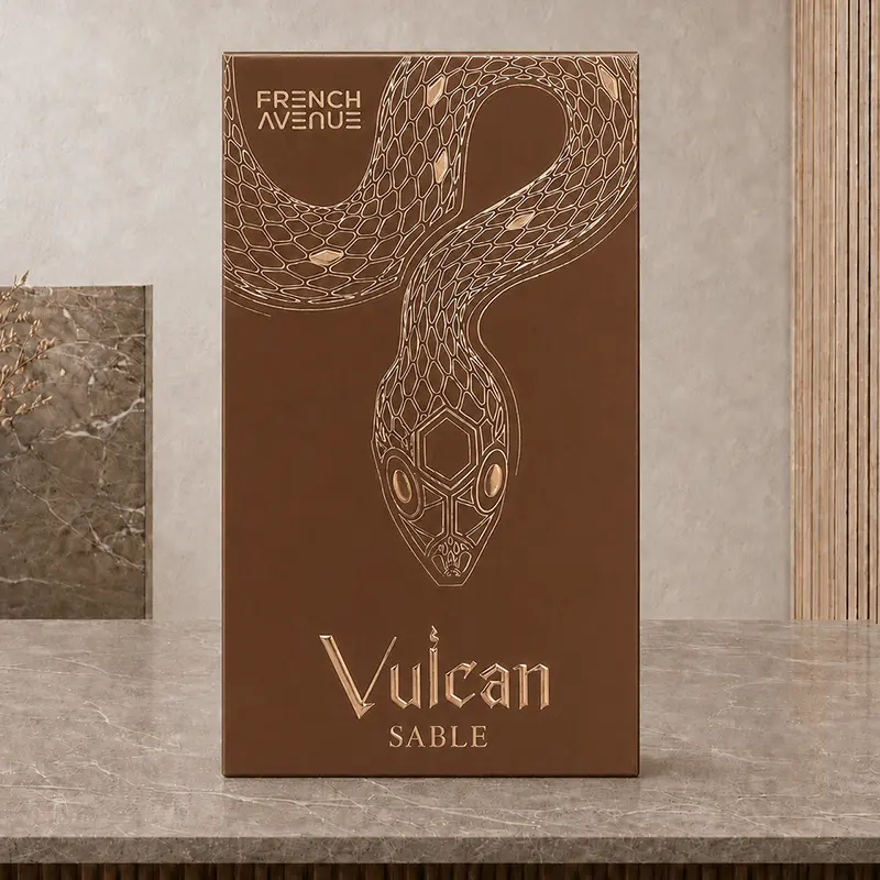 Brown Vulcan Sable presentation box with gold snake artwork and French Avenue branding.