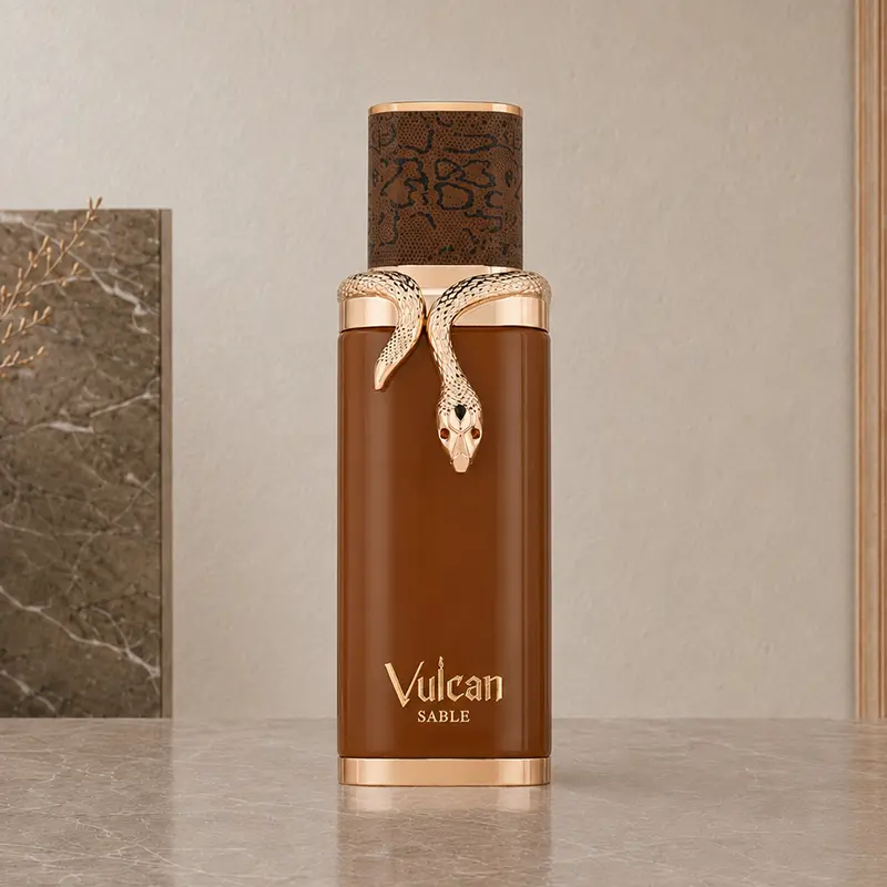 Capped French Avenue Vulcan Sable bottle displayed upright on a stone-effect surface.