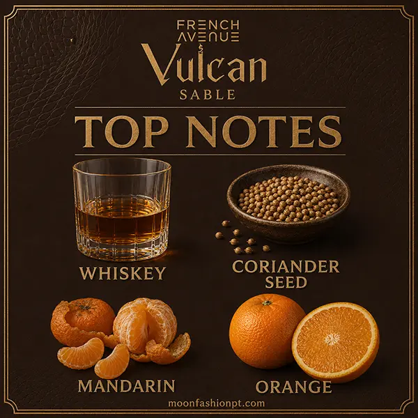 Whiskey, coriander seed, mandarin and orange displayed in the Vulcan Sable top-notes graphic.
