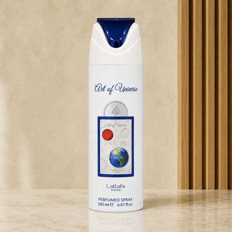 White and blue Art of Universe 200 ml perfumed spray with red planet and Earth artwork.