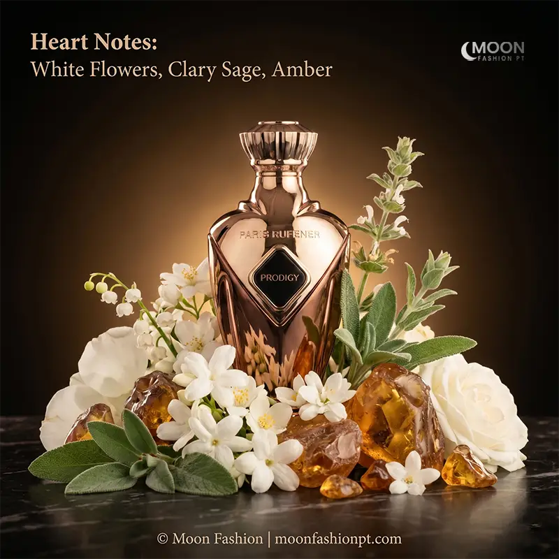 The heart of Prodigy by Paris Corner reveals elegant white flowers, clary sage, and golden amber for depth.