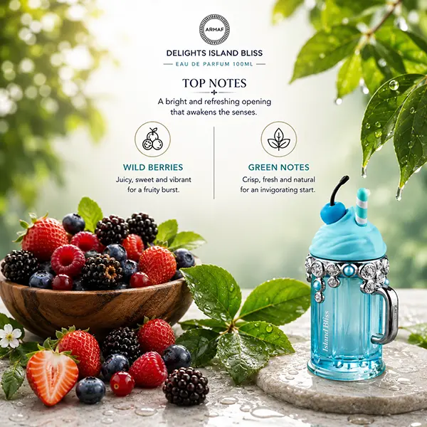Top notes artwork of Armaf Island Bliss featuring wild berries and fresh green accords.