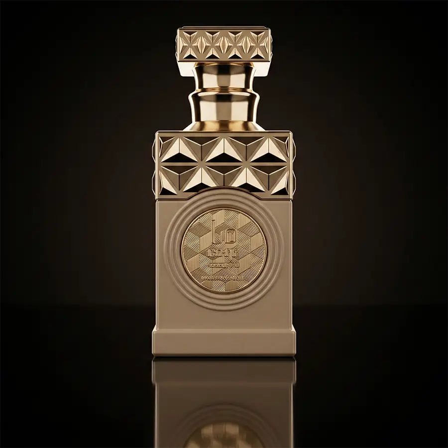 Elegant geometric gold cap and textured bottle of Paris Corner Minya Coco Lush, a luxurious gourmand fragrance for women.