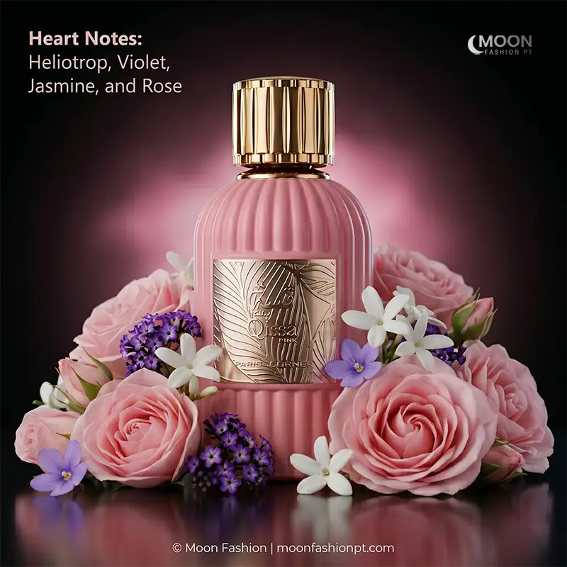 Fresh roses and jasmine flowers surround the Qissa Pink bottle, highlighting its violet and heliotrope heart notes.