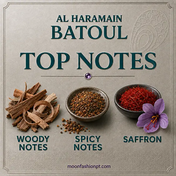 Woody materials, mixed spices and saffron flower with threads present the Batoul top notes.