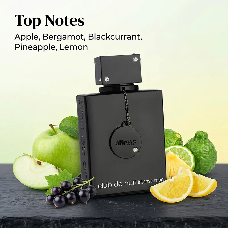 Zesty lemon and pineapple opening of Armaf Club de Nuit Intense Man offers an invigorating and long-lasting scent trail.