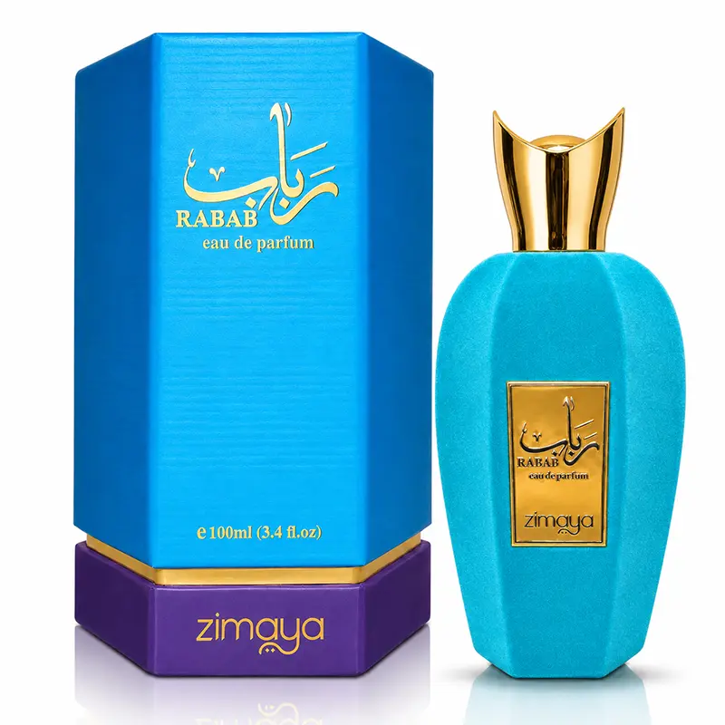 Zimaya Rabab Blue bottle and box together on a white background with soft reflection.