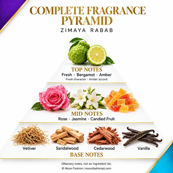 Zimaya Rabab fragrance pyramid showing top, mid and base notes with bergamot, flowers, candied fruit, woods and vanilla.