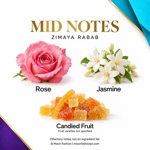 Zimaya Rabab mid notes showing a pink rose, white jasmine flowers and candied fruit.